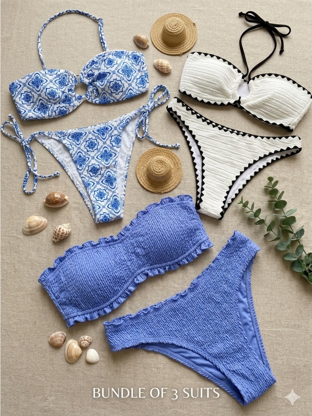 Bikini Bundle Set of 3 Blue White Patterned Smocked Swimwear Sz S